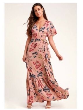 Lulus Mystic Mondays Pink Floral Print Wrap Maxi Dress Short Sleeves size XS